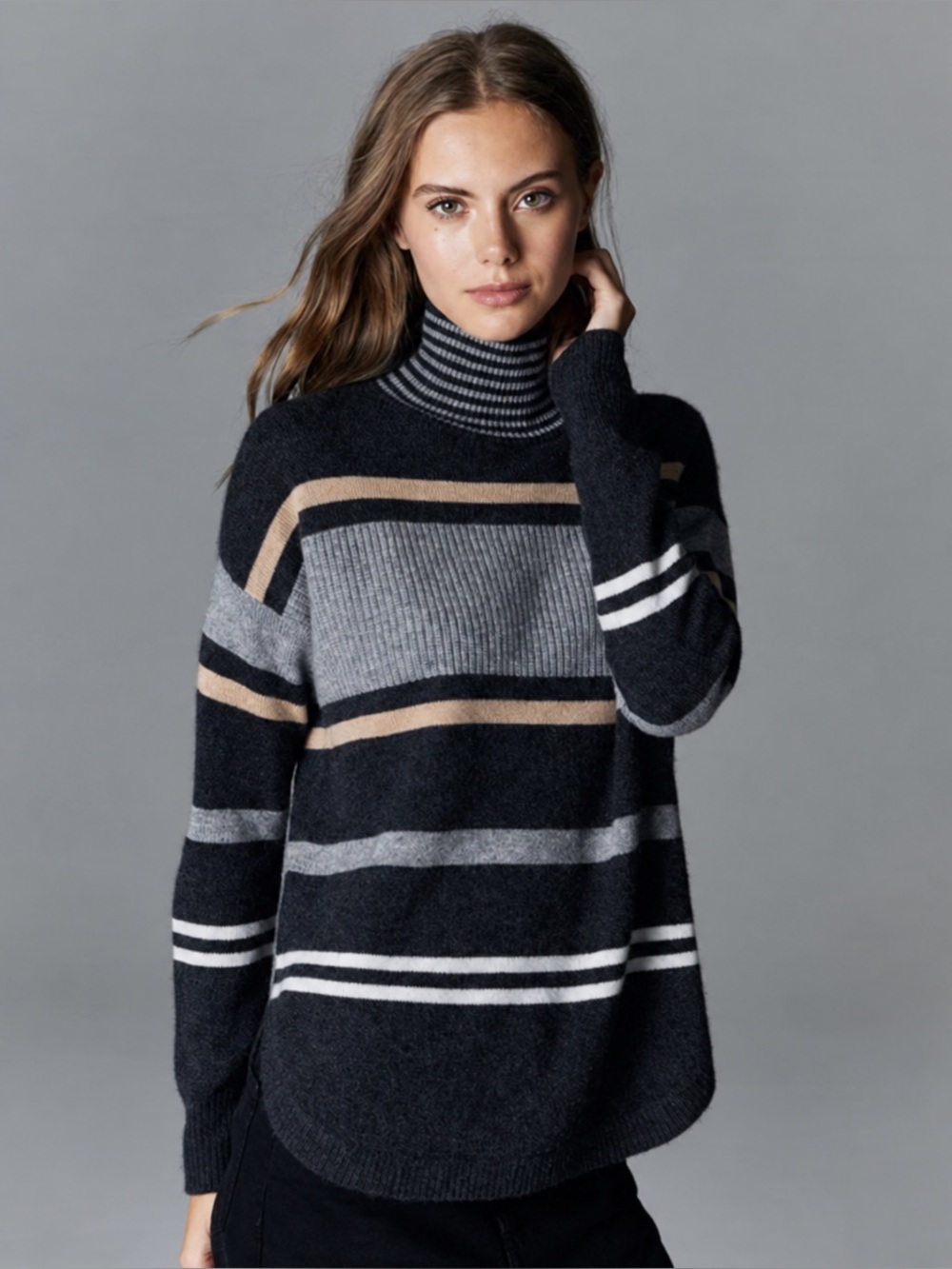 Autumn Cashmere XS 100% Cashmere Striped Turtleneck Quiet Luxury Sweater Soft